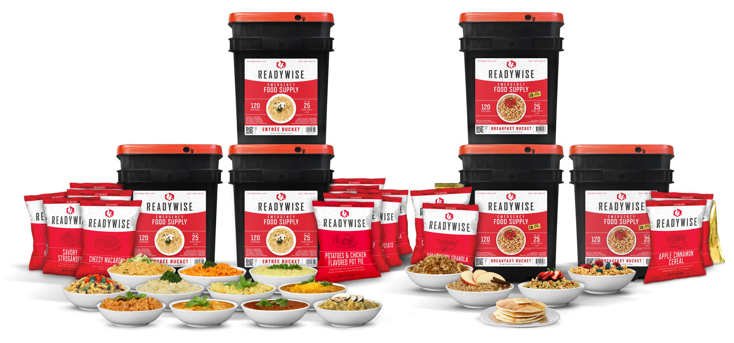 1080 Serving Package - 186 lbs - Includes: 6 - 120 Serving Entrée Buckets and 3 - 120 Serving Breakfast Buckets